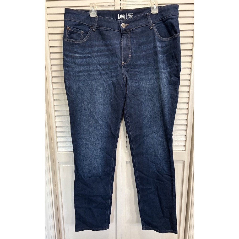Lee Reg Fit Straight Dark Wash Denim Jeans High Rise Size 20W Zip Logo NWT